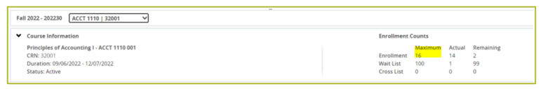 A screenshot of the course information showing an enrolment maximum of 16