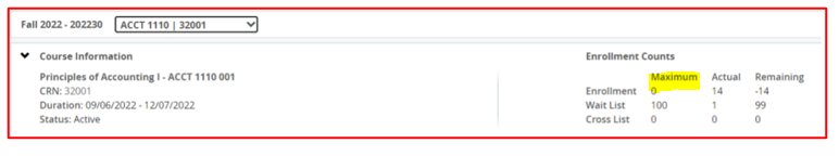 A screenshot of the course information showing enrollment maximum of 0.