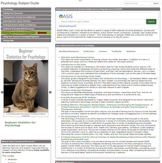 Screenshot of the Psychology Subject Guide on the Douglas College Library website. In the menu on the left, the Finding Open Educational Resources tab is highlighted and circled.